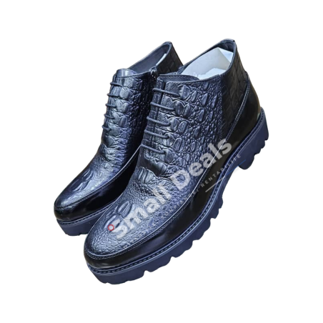 Bottines Homme Décontractées en Cuir Noir Embossé Croco – Élégance Italienne et Confort Quotidien