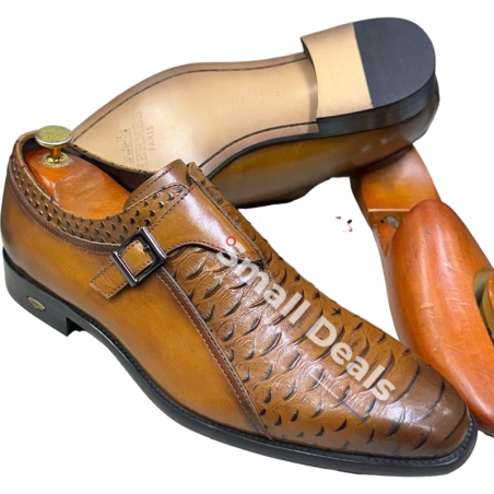 Chaussures Monk Strap Homme Hermès Paris – Modèle EAGLE 783 en Cuir Gaufré Croco Marron