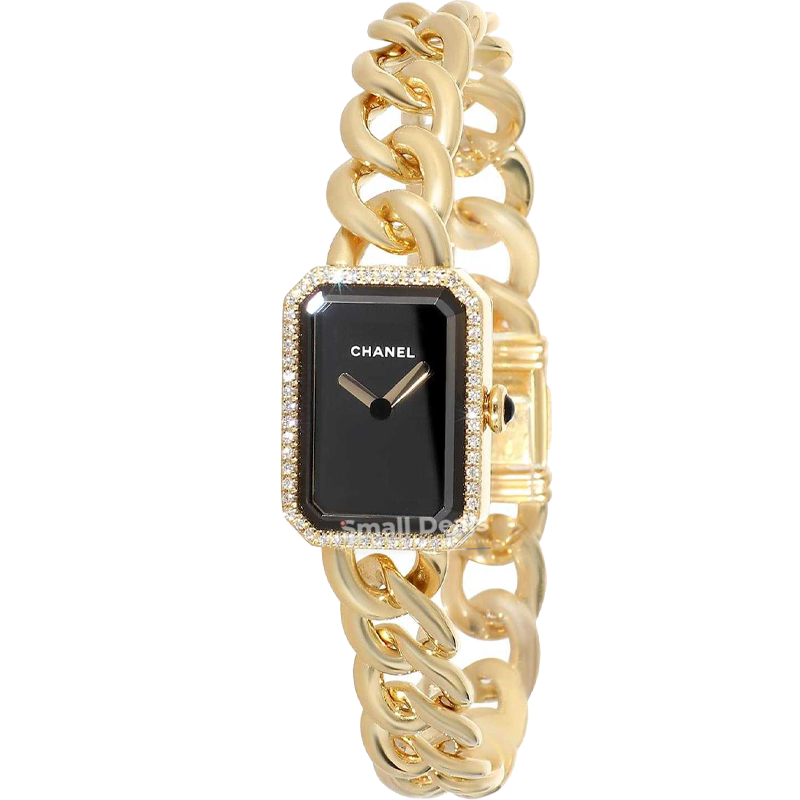CHANEL Première Femme Quartz – 20 mm, Lunette & Bracelet Plaqués Or, Cadran Noir, Bracelet Cuir Plaqué Or