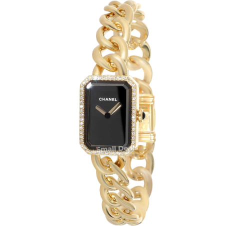 CHANEL Première Femme Quartz – 20 mm, Lunette & Bracelet Plaqués Or, Cadran Noir, Bracelet Cuir Plaqué Or