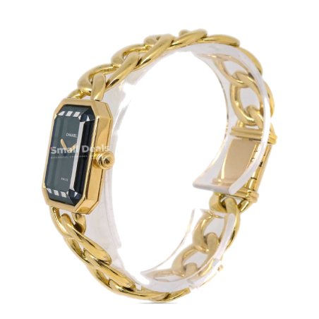 CHANEL Première Femme Quartz – 20 mm, Lunette & Bracelet Plaqués Or, Cadran Noir, Bracelet Cuir Plaqué Or