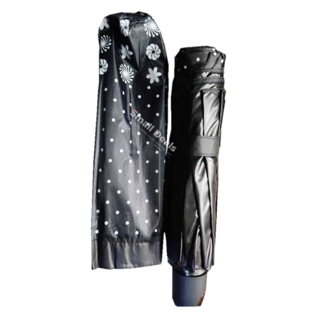 Parapluie Grande Taille – Noir avec Motif Fleuri Blanc – Housse Noire Fleurie Assortie