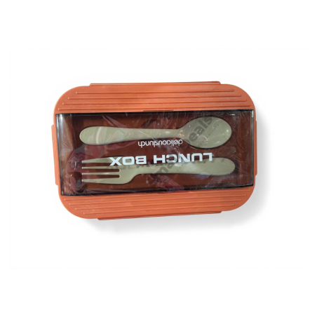 Lunch Box Delicious Lunch Grand avec Couverts – Bleu et Marron avec Couvercle Orange