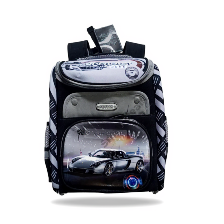 Sac à Dos Enfant - FEITONG - Motif Voiture Sport "C'EST COOL" - Noir & Gris - Multi Compartiments