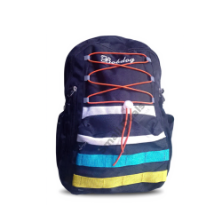 Sac à Dos Scolaire Bobdog – Noir avec Bandes Décoratives Blanche, Bleue & Jaune – Cordon Élastique Frontal