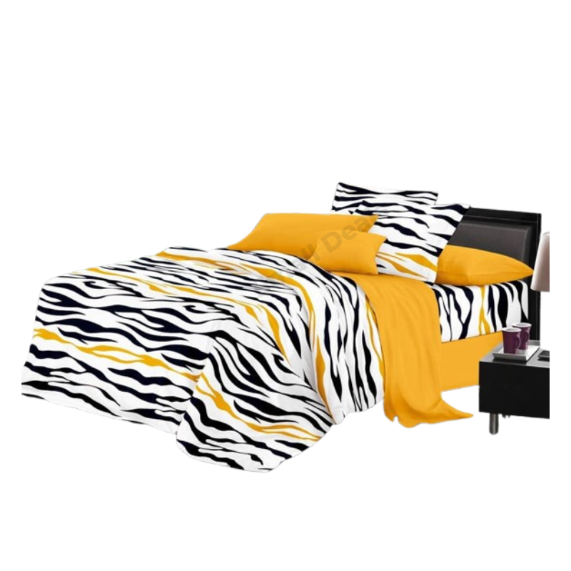Draps ZebraLine Jaune Noir Blanc – 3 Places – 80% Coton – 250×240 cm – Parure 4 Pièces