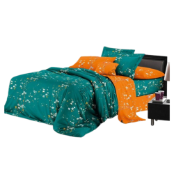 Draps FreshBloom Vert Orange Fleuri – 3 Places – 80% Coton – 250×240 cm – Parure 4 Pièces