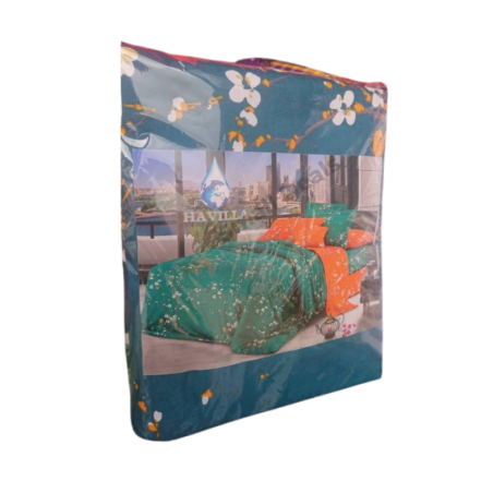 Draps FreshBloom Vert Orange Fleuri – 3 Places – 80% Coton – 250×240 cm – Parure 4 Pièces