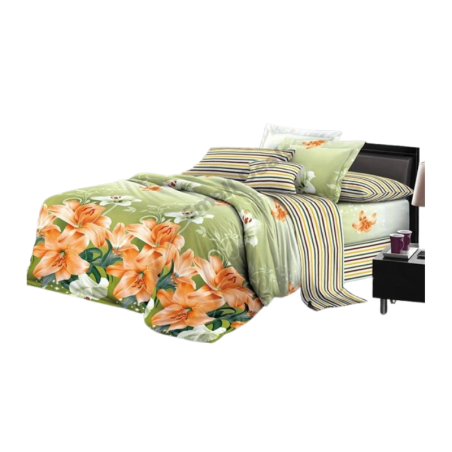 Draps GreenBloom Vert Fleuri Orange – 3 Places – 80% Coton – 250×240 cm – Parure 4 Pièces