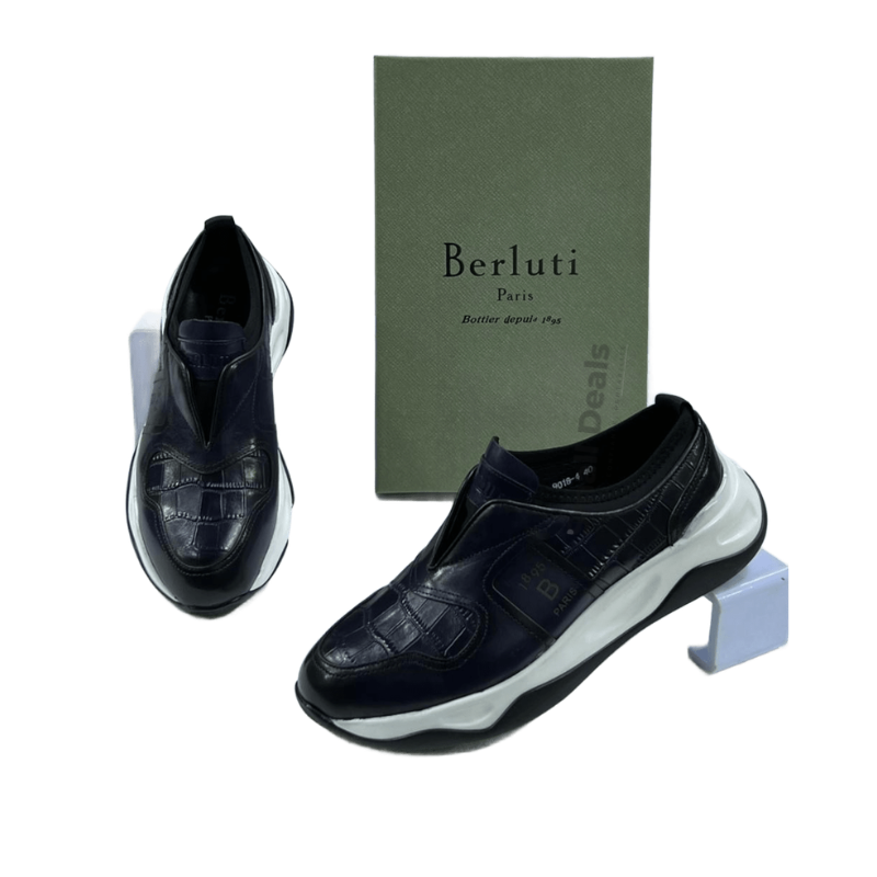 BERLUTI Shadow Slip-On Bleu Nuit – Sneakers de Luxe Effet Crocodile